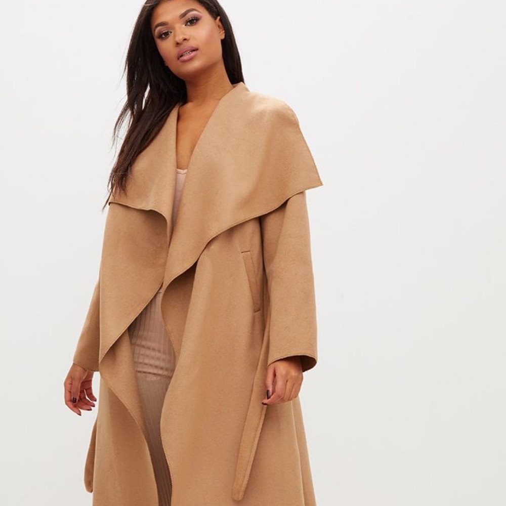 Camel Maxi Length Oversized Waterfall Belted Coat